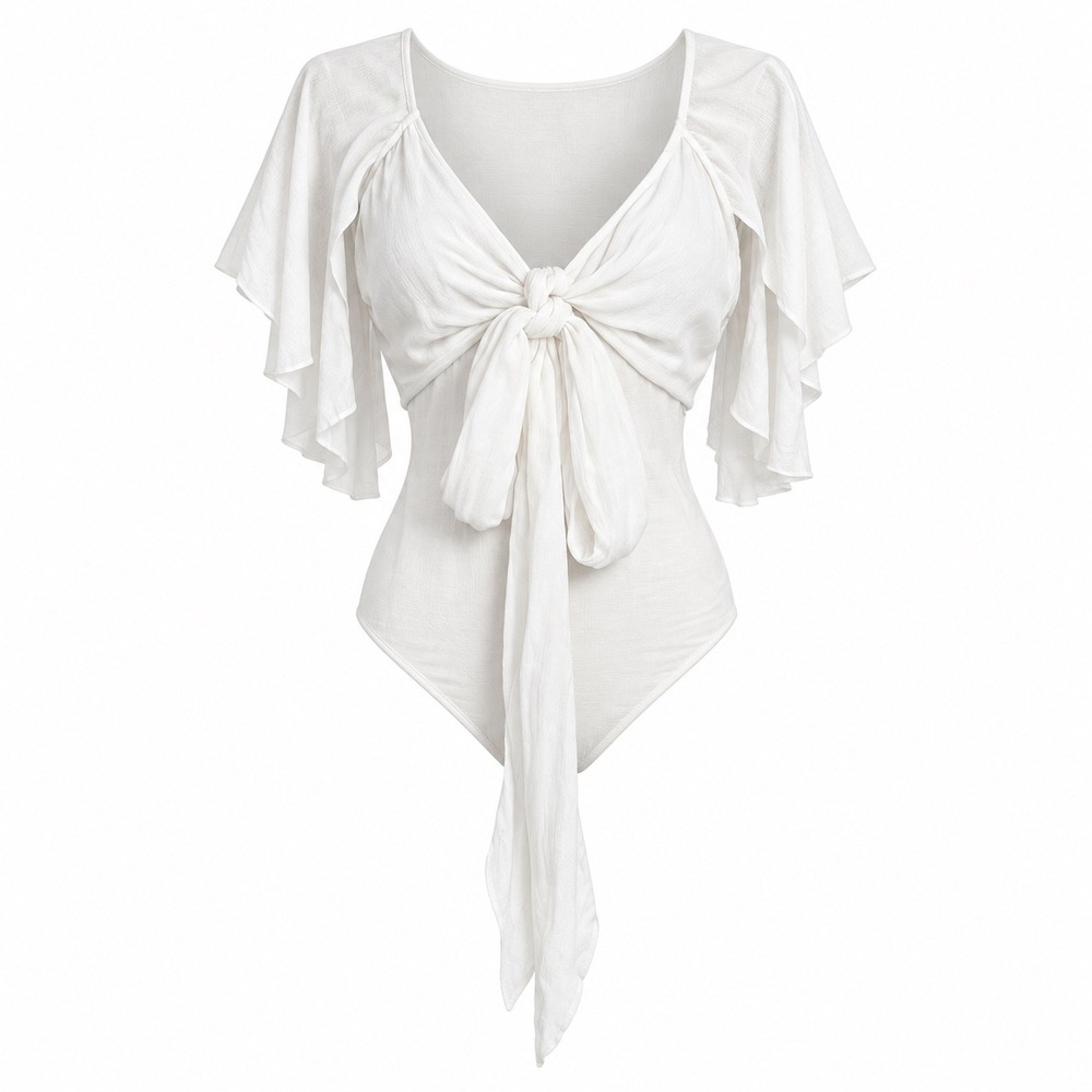 Intimately Free People Call Me Later Bodysuit M Ivory Tie Front Flutter Sleeve